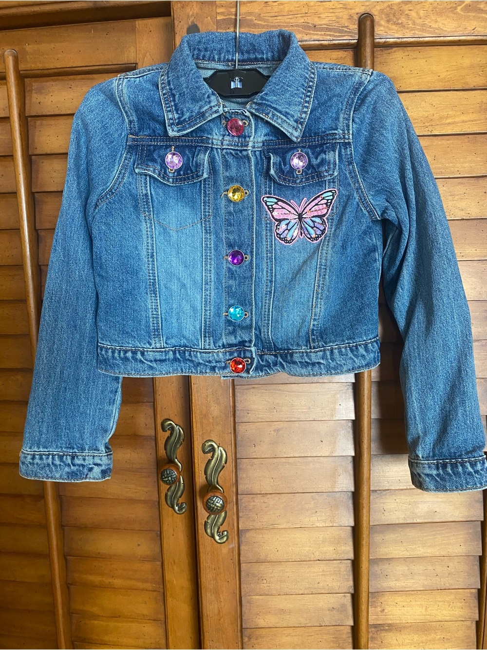 Girls' Denim Jacket with Pink Butterfly Patch and Jewel Buttons